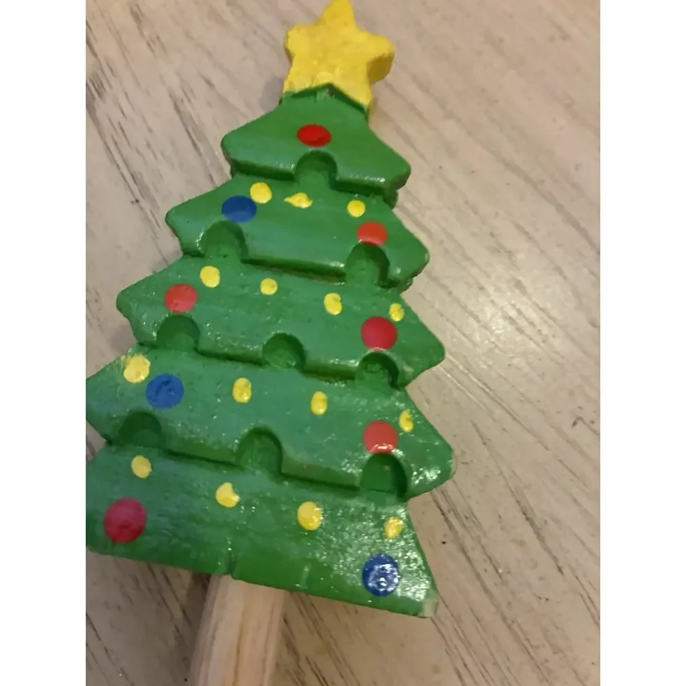 Christmas Serving Spoon Fork Hand Painted Wood Snowman Tree Salad Pasta Holiday
